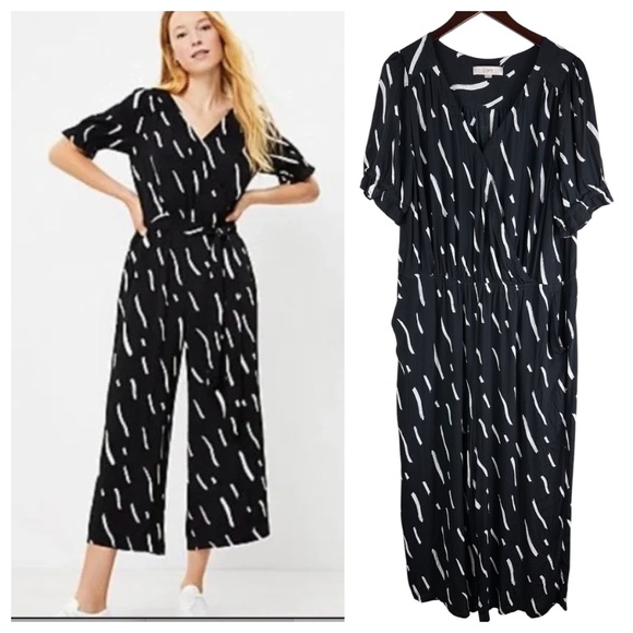 LOFT Ann Taylor Jumpsuit Romper Sz XXL 2X 18 20 Black Brushstroke Crop - Picture 1 of 6